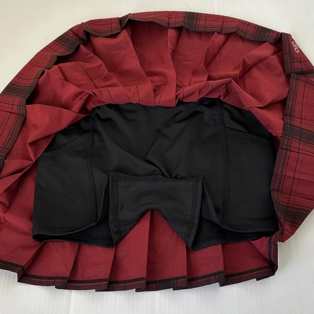 ALO Yoga Legacy Plaid Varsity Tennis Skirt Cranberry Black, S